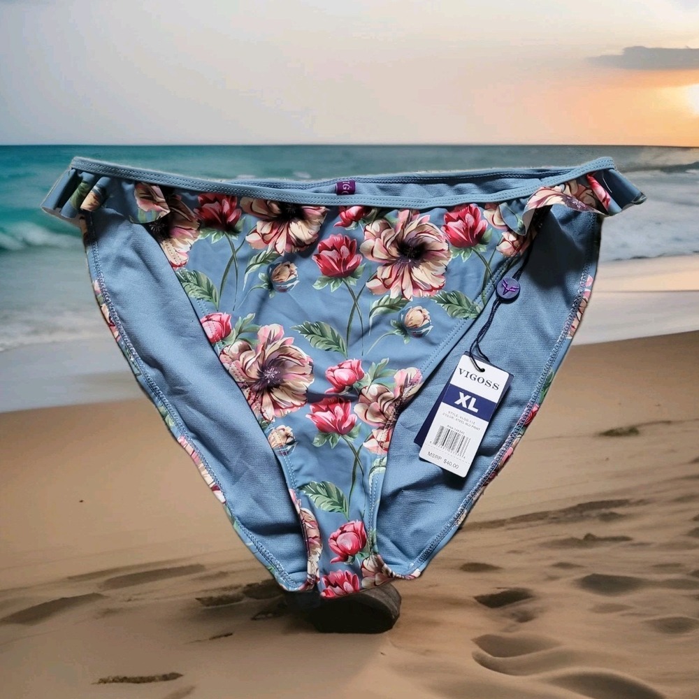 Vigoss Steel‎ Blue Floral Ruffle Bikini Bottoms Size XL New W Tags Boho Beach
